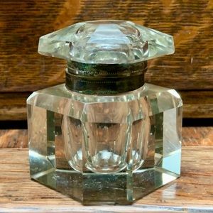 Late 19th Century Antique Metal Cuff Crystal Cut Glass Victorian Era Ink Well